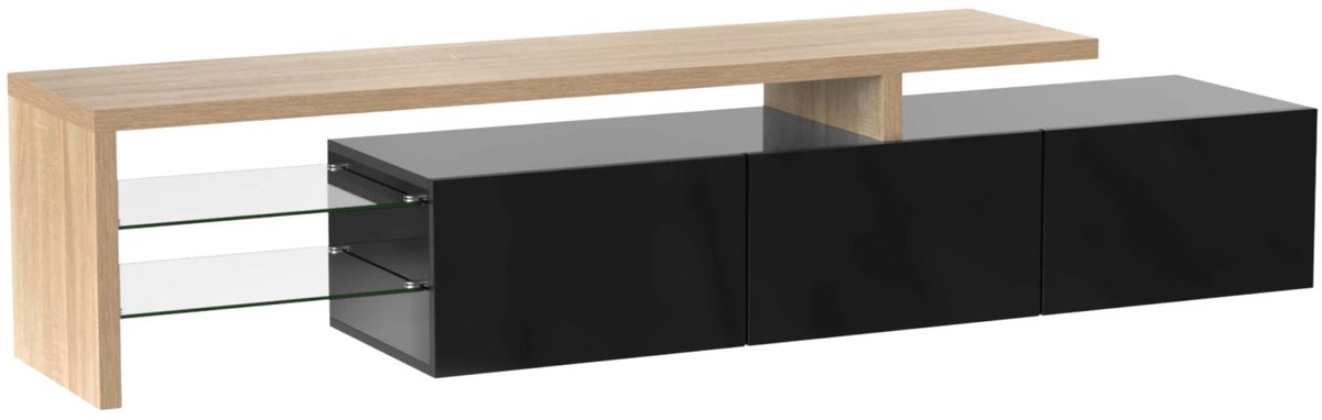 Happiq TV meubel- Zwart - 197, 5 x 39 x 42 Cm - TV Kast met Opbergruimte met 2 Lades en 3 Deuren - Hout - voor Woonkamer en Tv Black