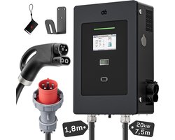dé 20kW DC Snellaadpaal - CCS2 7,5 m kabel – EV-lader met 7" touchscreen en RFID - OCPP 1.6J (LAN/WLAN/4G) - IP55 IK08 - RCD typeA 30mA AC + 6mA DC voor BEV en PHEV