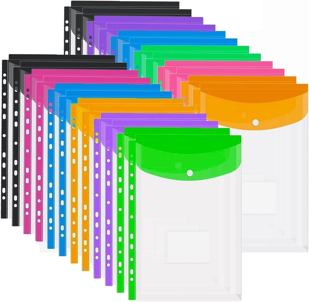 SnelShoppen - 24 Stuks A4 Documentenmap Staand met 11 Gaten voor Ringband, Uitvouwbare Showtas voor Brochures in 6 Kleuren, Multifunctionele Plastic M