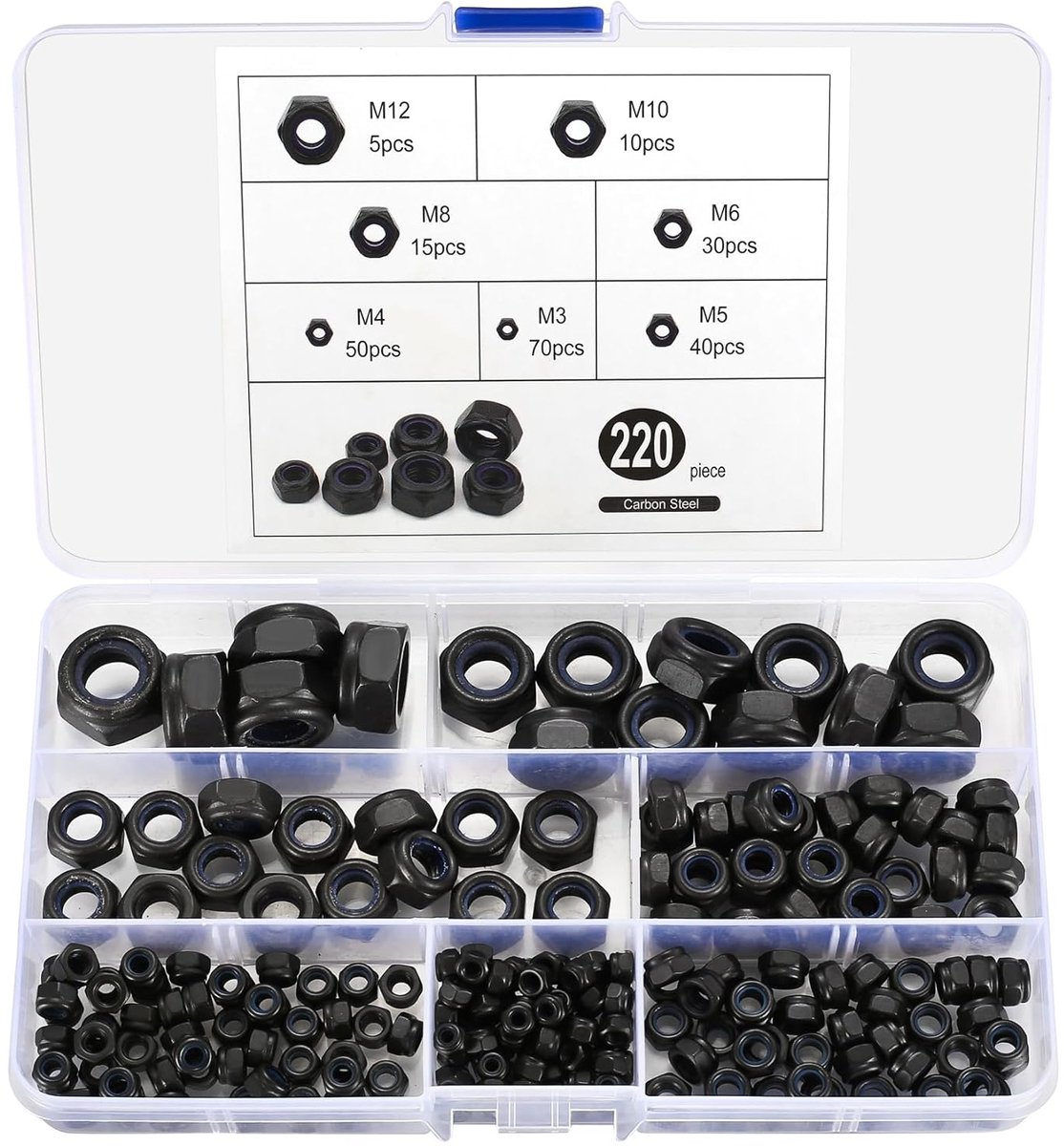 SnelShoppen - 220 Stuks Hex Moeren Assortiment Set, Zelf Lockende Moeren, Nylon Inzet Moeren, Schroef Moeren Metaal M3 M4 M5 M6 M8 M10 M12, Zwart | Ro