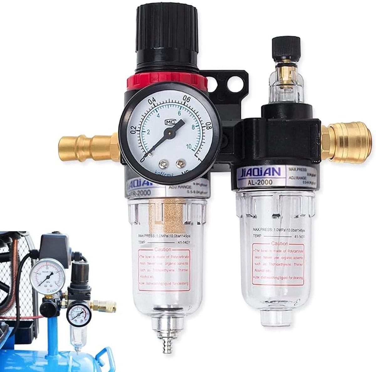 SnelShoppen - Luchtdrukregelaar Compressed Air 1/4 inch met Water- en Olie Separator en Drukmeter voor Compressor en Pneumatische Toepassingen