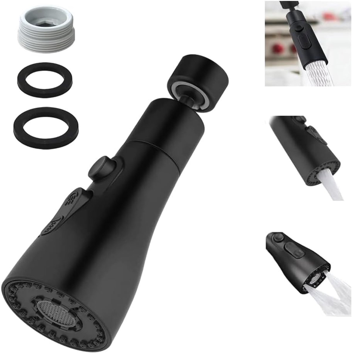 SnelShoppen - Vervangende Douchesproeier, 360° Draaibaar, 3 Waterstanden, Keuken Kraan Spraykop met Adapter voor 22mm Keukenkranen (Zwart)