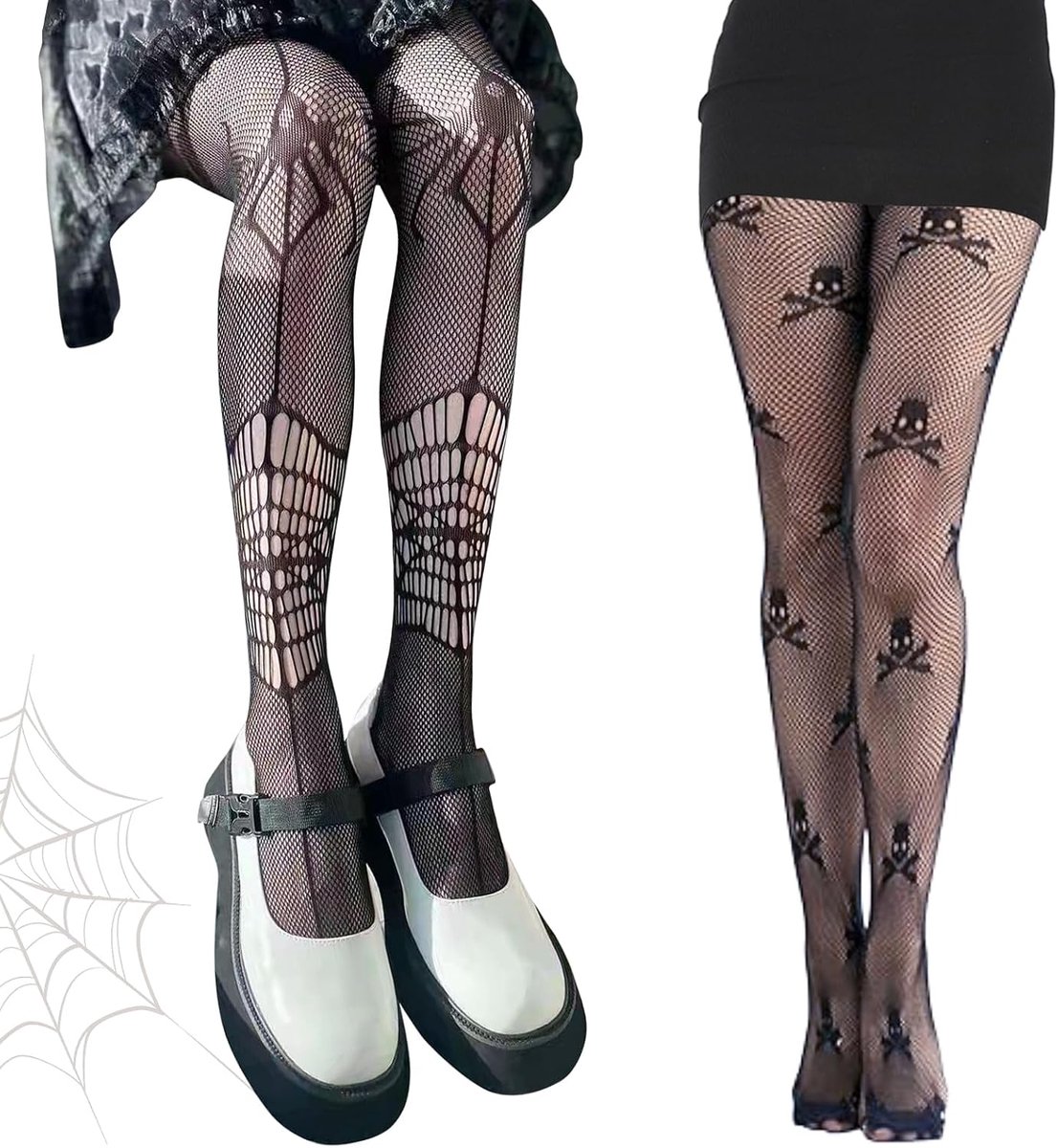 SnelShoppen - 2 Paar Halloween Visnet Kousen Zwart Fishnet Kousen met Doodshoofd en Spin, Nylon Kousen voor Vrouwen, Kerst Trump Broek, Mesh Sokken vo
