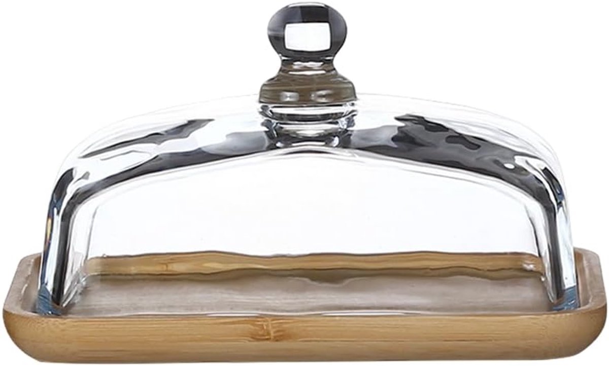 SnelShoppen - Rechthoekige Taartstandaard, Taartplateau met Deksel, 18cm Houten Taartstandaard met Glazen Deksel, Cupcake Presentatieplaat, Sandwich H