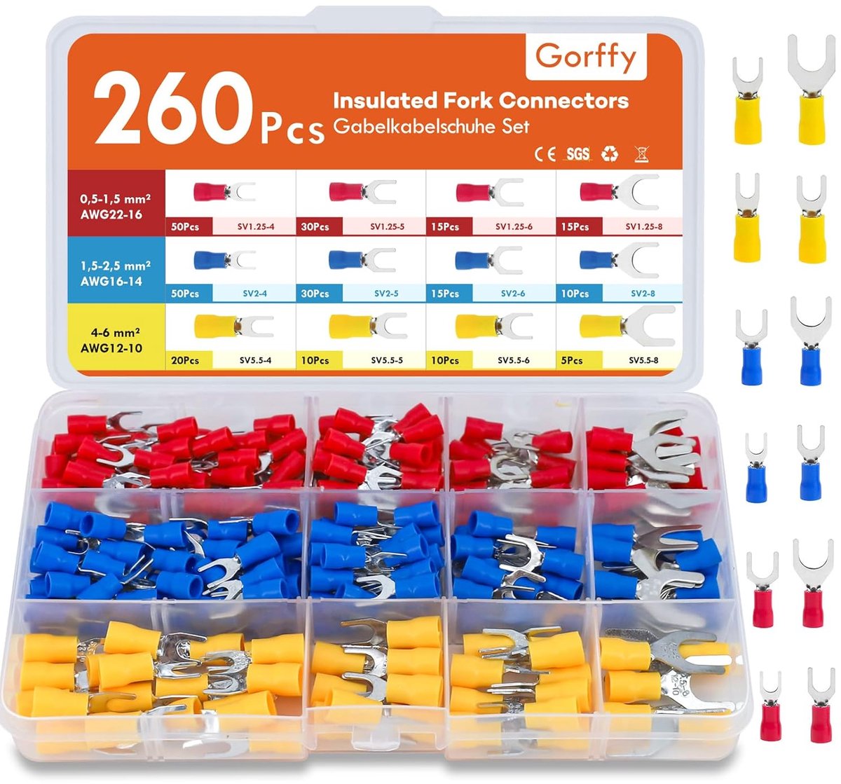 SnelShoppen - Fork Cable Lugs - 260 Stuks Kabelschoen, 0.5-6.0 mm² Geïsoleerde Elektrische Crimpconnectoren, Perfect voor Doe-Het-Zelf Projecten en El