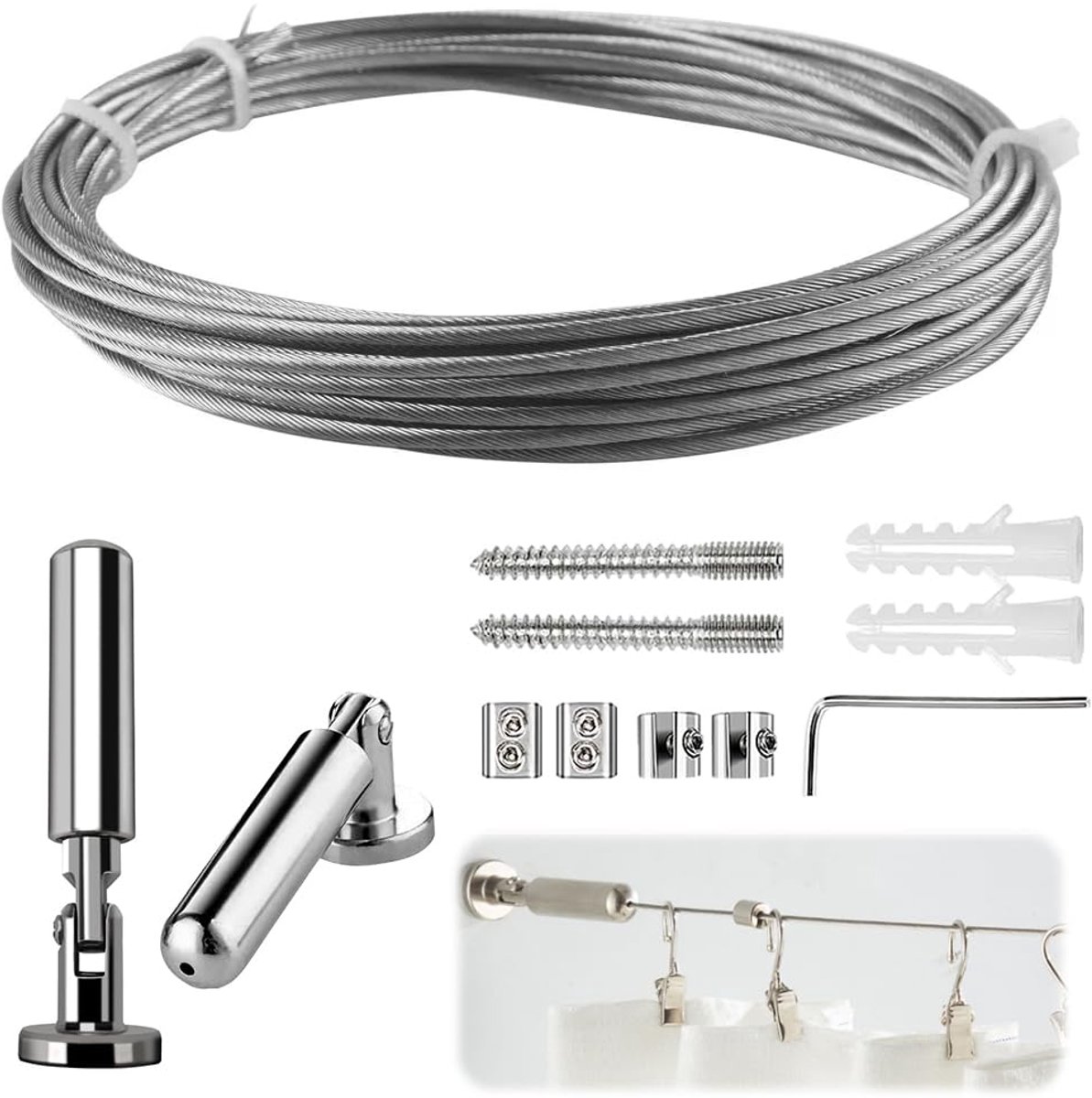 SnelShoppen - Stalen Gordijn Draad 5 m Wandmontage Hangdraad voor Foto's Hangers Interieur Decoratie Zilver Robuust en Duurzaam