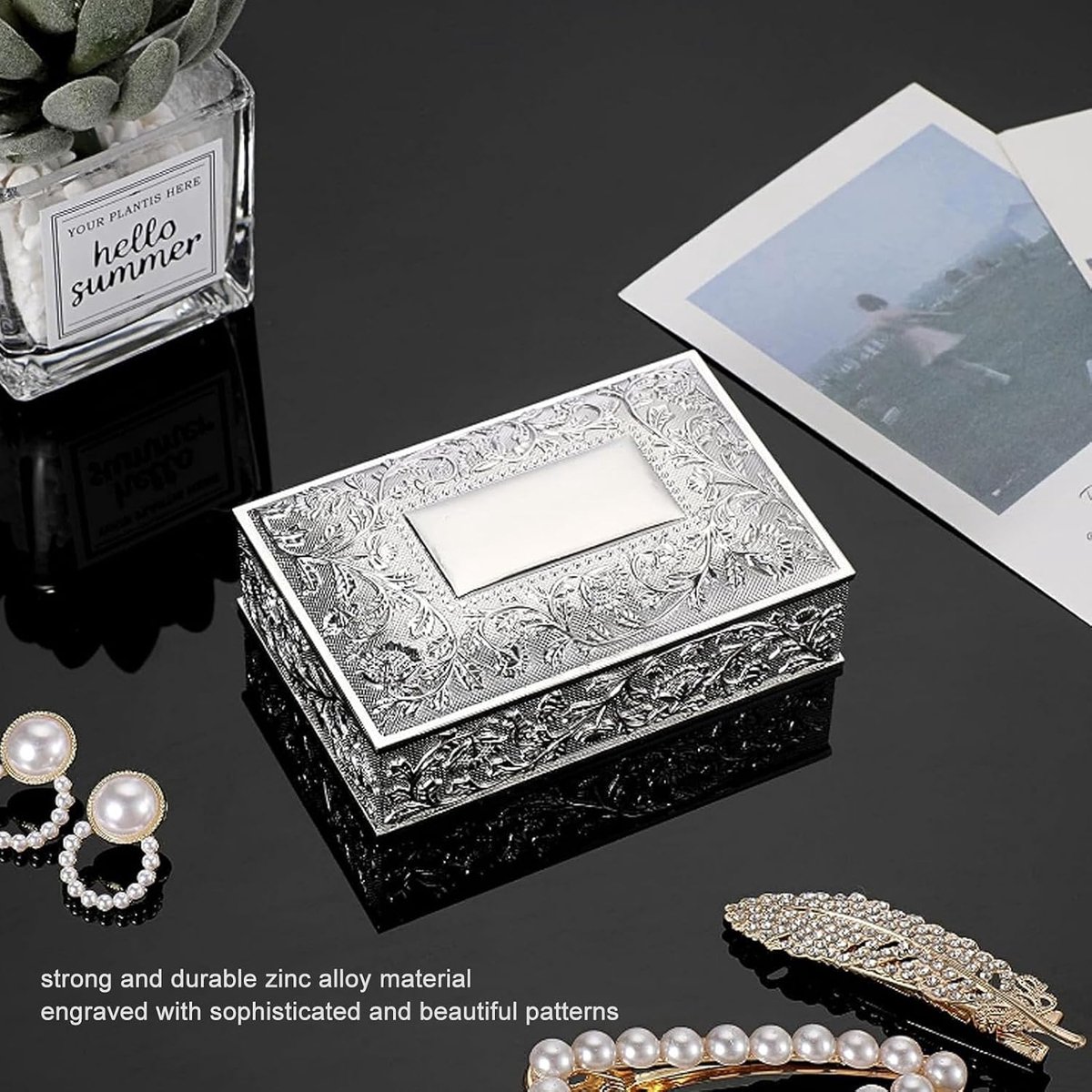 SnelShoppen - Vintage Stijl Metalen Sieraden Doos - Zilverkleurig, Antiek, Met Zachte Fluwelen Invoering, Voor Kantoor, Verjaardagen, Jubilea