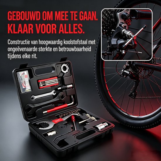 Een open zwarte gereedschapskist met fietsreparatietools, naast een wiel van een racefiets met rode velgverlichting. Tekst: GEBOUWD OM MEE TE GAAN. KLAAR VOOR ALLES.