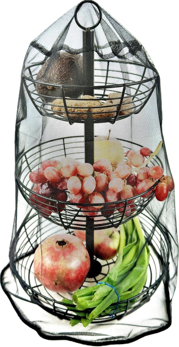 SnelShoppen - 3-laags fruitstand met insectenbescherming, stijlvolle presentatie, robuuste constructie, veelzijdige opslag voor fruit, groenten en mee