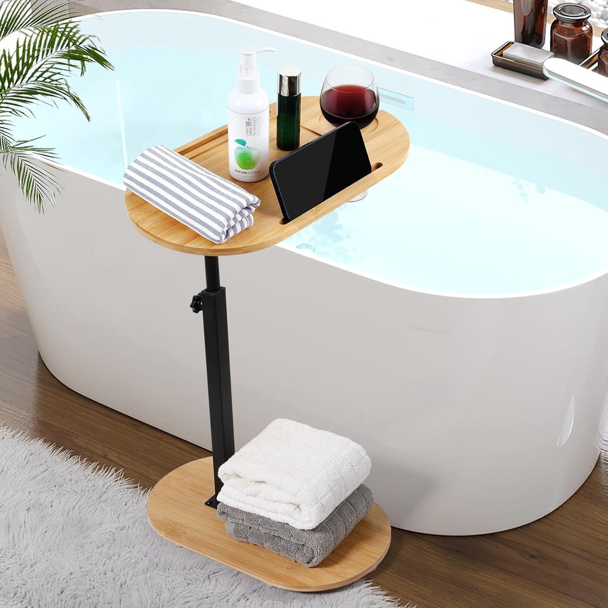 SnelShoppen - Industrieel Stijl Bedside Tafel Verstelbare Hoogte Bedzijde Kleine Tray voor Badkuip Bamboo Ruimtebesparende Bedzijde Tafel