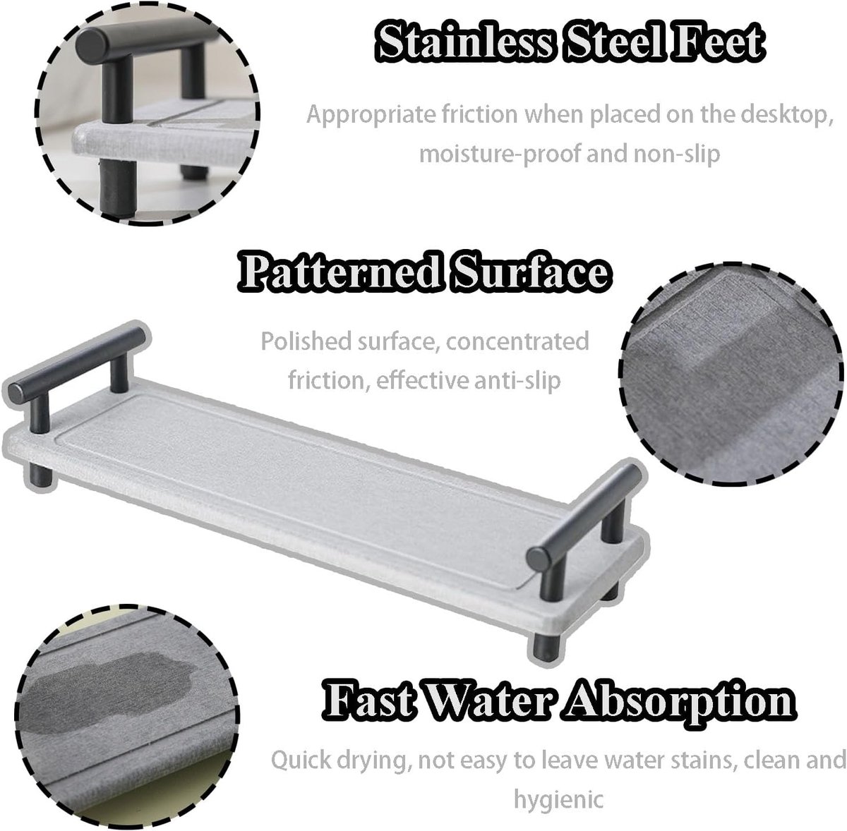 SnelShoppen - Decoratieve Badkamer Tray Oblong Afvoermat van Siliceous Guhr en RVS - Sneldrogend en Makkelijk schoon te maken voor Keukenkranen en Bad