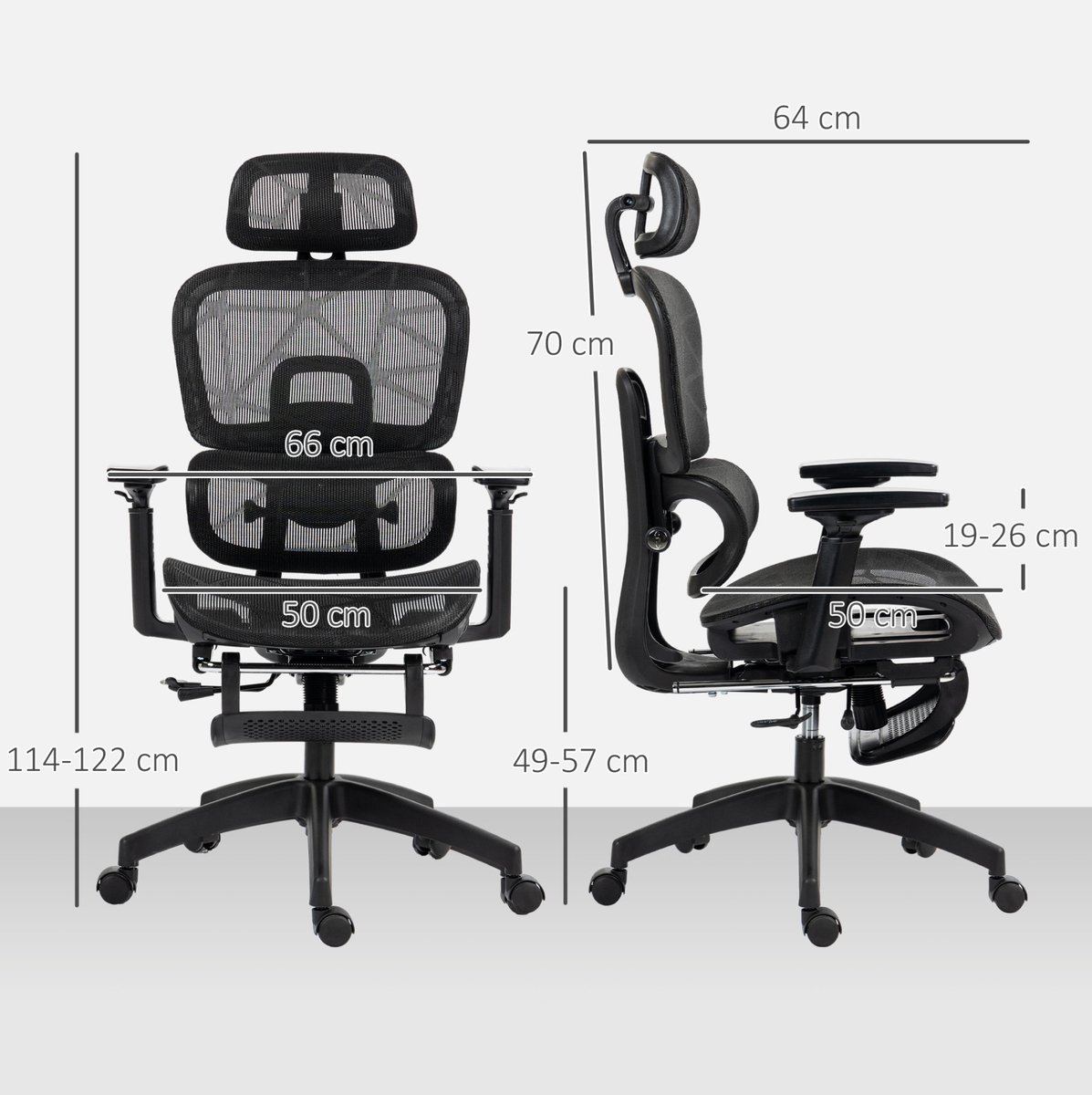 COVREO Bureaustoel 66x64x122 cm zwart, mesh met hoofdsteun en voetsteun