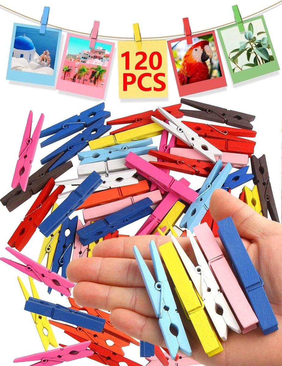 SnelShoppen - 120 Stuks Mini Houten Klemmen - Decoratieve Kledinghangers voor Foto's - Kleine Kledingclips van Hout met Metaal - Lichtgewicht en Schat