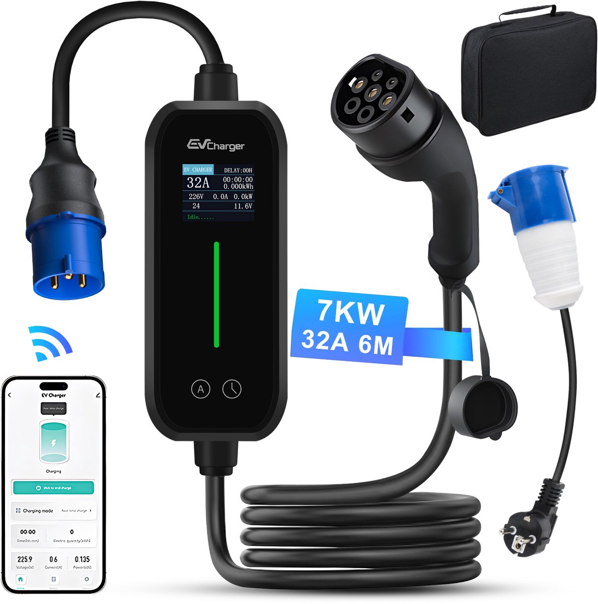 Cestovet 3.5KW 7kW EV Mobiele Thuislader Laadkabel - 1 fase 6A-32A Type 2 - met aarding & App-bediening instelbare stroom | 6M Laadkabel - 230V EV-oplader - Voor Elektrische Auto's - Schuko & CEE-stekker
