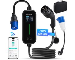 Cestovet 3.5KW 7kW EV Mobiele Thuislader Laadkabel - 1 fase 6A-32A Type 2 - met aarding & App-bediening instelbare stroom | 6M Laadkabel - 230V EV-oplader - Voor Elektrische Auto's - Schuko & CEE-stekker