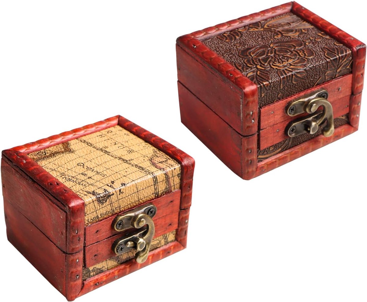 SnelShoppen - 2 Stuks Mini Schatkist Vintage Houten Doosje voor Sieraden, Kettingen, Oorbellen - Duurzaam en Milieuvriendelijk - 8x7x6 cm
