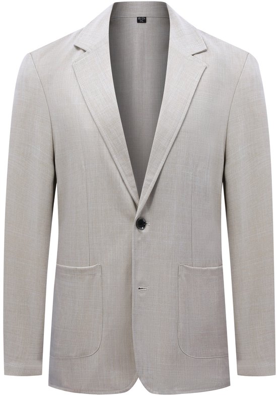 Een beige linnen blazer met één knoop en twee opgestikte zakken, gedragen door een model.