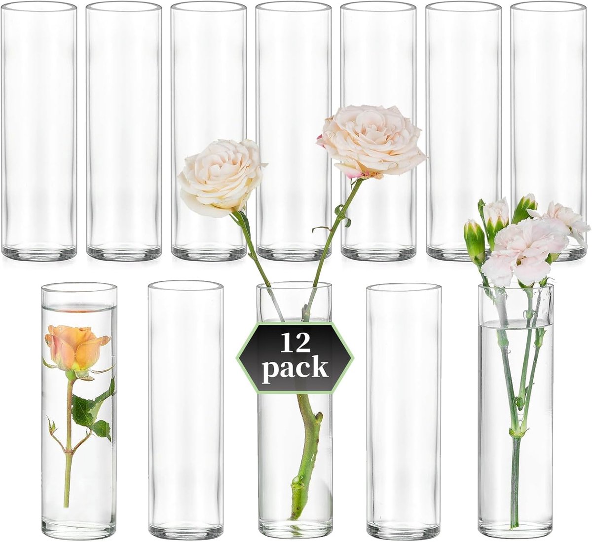 SnelShoppen - Set van 12 Cylindervormige Glas Vazen voor Tafeldecoratie - Modern Transparant Glas voor Bloemen - 15 cm Hoog, Ideaal voor Bruiloften, F