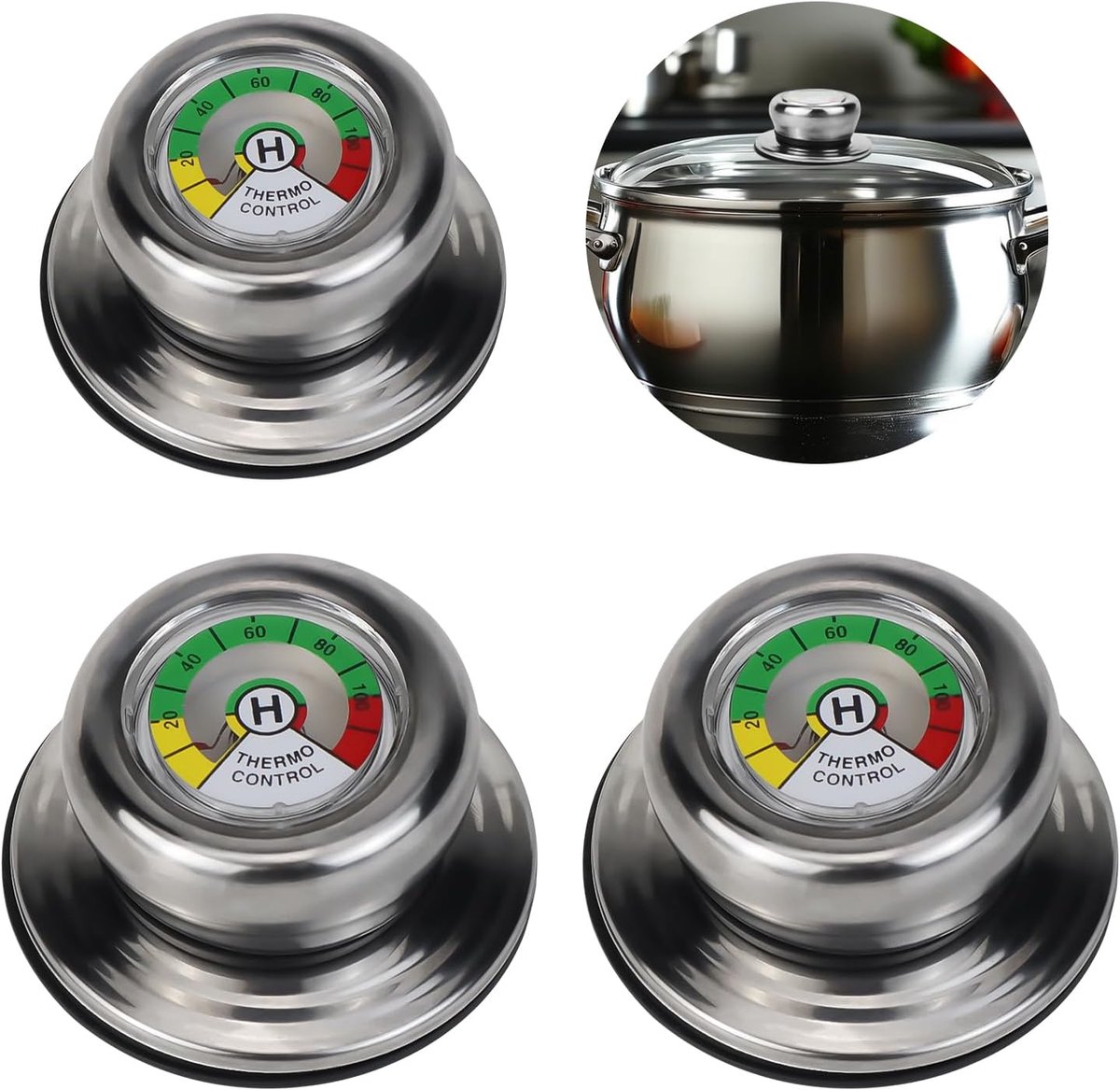 SnelShoppen - Set van 3 Pannendeksel Handgrepen met Thermometer, Universele Vervangingshandgreep, Hittebestendig, Messing, 3 Stuks voor Keuken en Koke