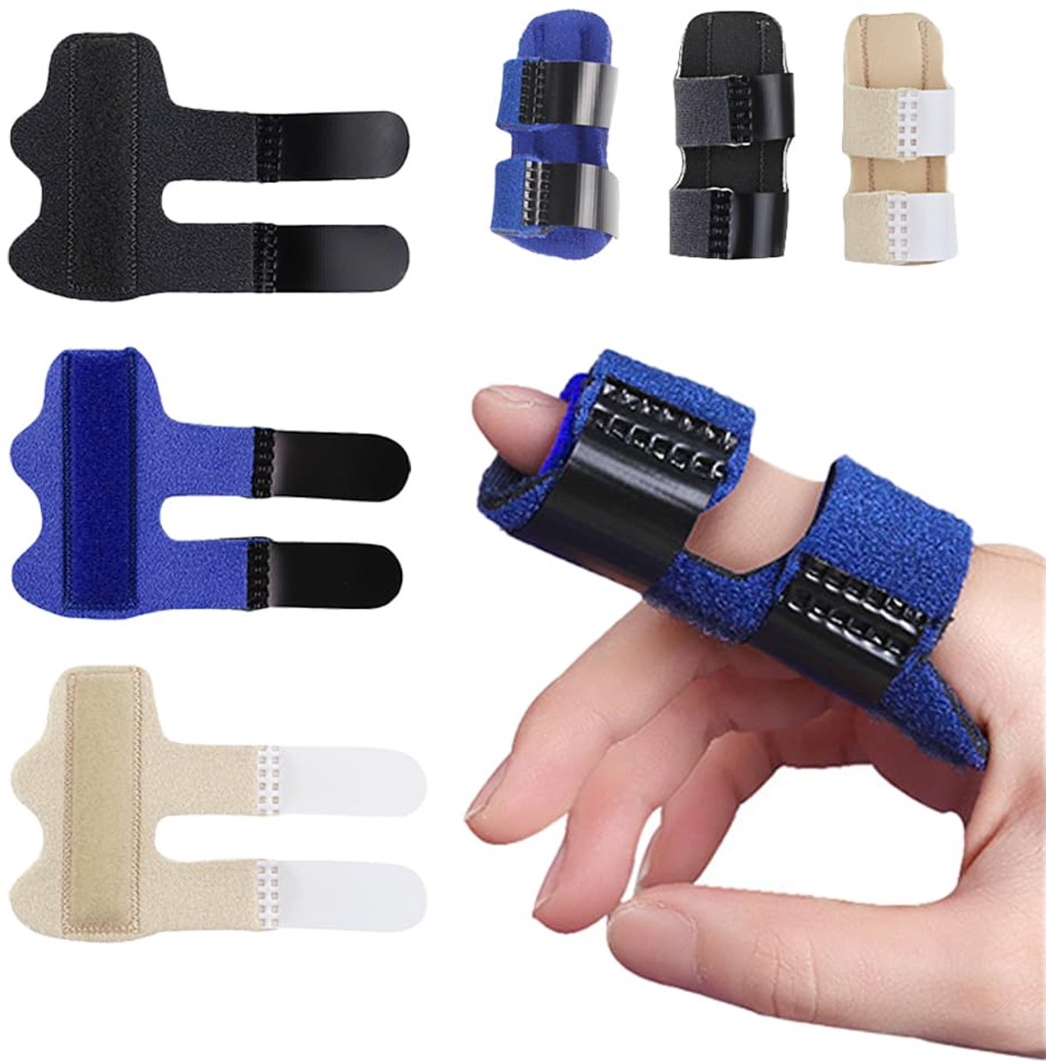 SnelShoppen - 3-delige Verstelbare Vinger Splint, Vinger Braces met Aluminium Ondersteuning, Blauw, Zwart en Huidkleur, Ideaal voor Gewrichtspijn en S