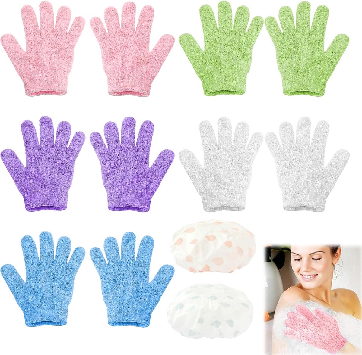 SnelShoppen - 10 Stuks Lichaampeelinghandschoenen en 2 Douchecaps, Exfoliërende Massagehandschoenen van Nylon, Duurzaam en Comfortabel voor Douche, Sp