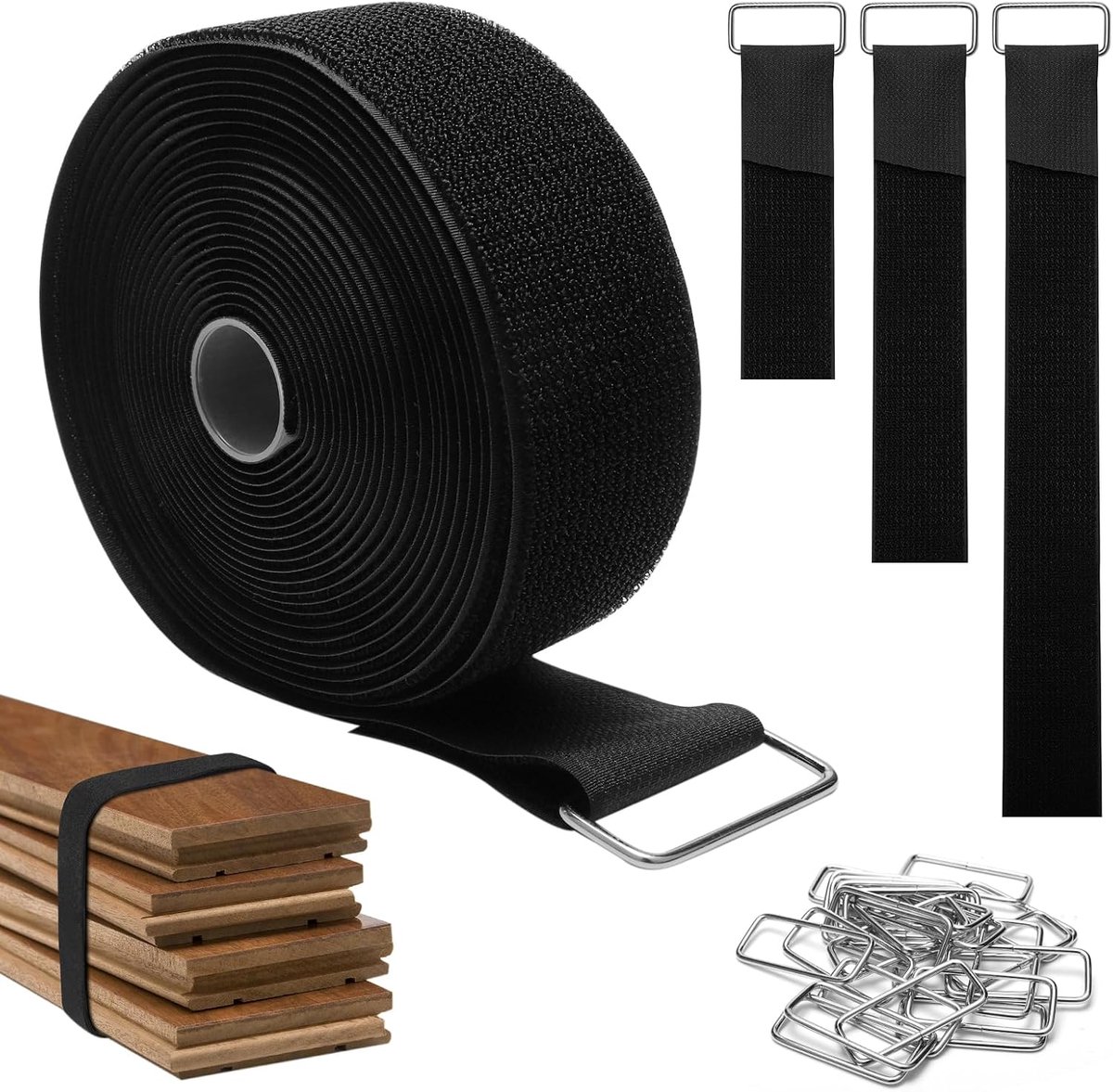 SnelShoppen - Herbruikbare Kabel, 5cm x 5m, Op Maat Snijden Bevestigingsriem met 25 Gespen, Zwarte Kabelbinders voor Slang Organisator (Zwart)