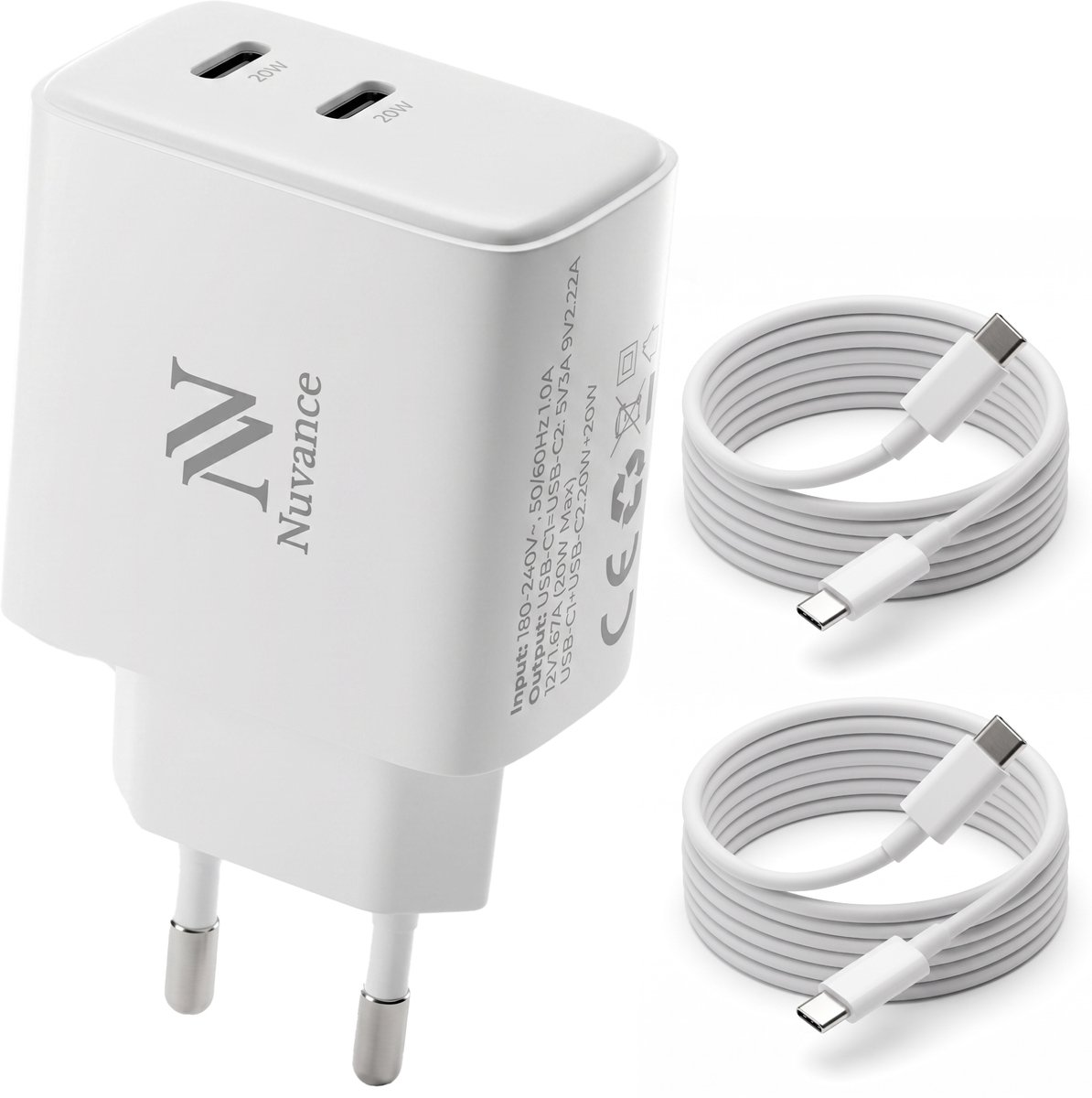 Nuvance USB C Adapter - USB C Oplader - 2x 20W Poort - Snellader - Incl 2x 1m Kabels - USB C naar USB C - Oplader USB C - Wit