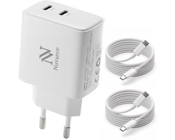 Nuvance USB C Adapter - 40W - USB C Oplader - 2x 20W Poort - Snellader - Incl 2x 1m Kabels - USB C naar USB C - Wit