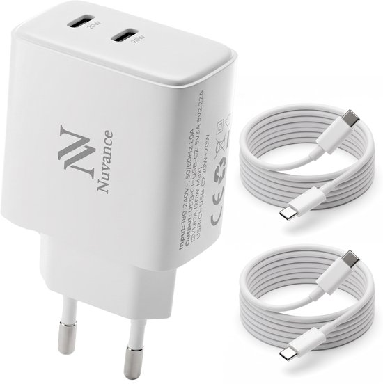 Nuvance USB C Adapter - USB C Oplader - 2x 20W Poort - Snellader - Incl 2x 1m Kabels - USB C naar USB C - Oplader USB C - Wit
