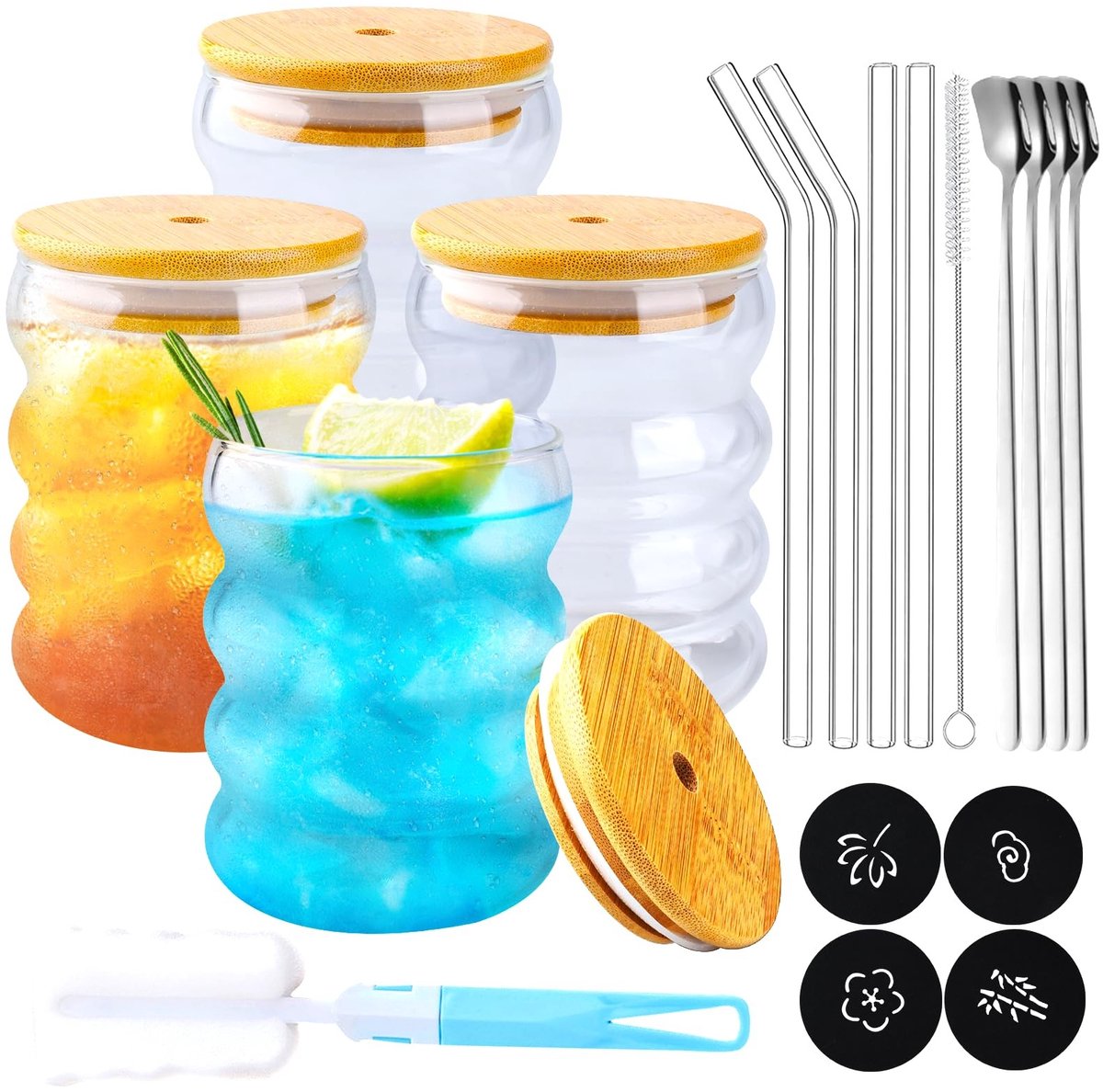 Omgoods - Set van 4 Ribbelglas Drinkbekers met Glazen Rietjes - Perfect voor Ijskoffie en Cocktails (350ml)