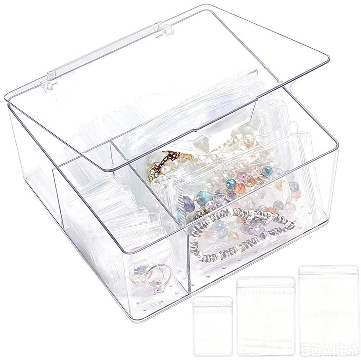 Omgoods - Transparante Acryl Sieradendoos met 60 Stuks Kleine Tasjes