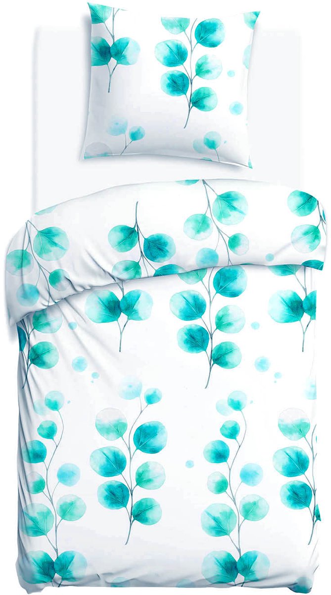 Darymex Satynlove Dekbedovertrek 140x200 cm - Wit / Turkoois - Cieniowane Bladeren - 100% Katoen-Satijn (120 g/m²) - 1-Persoons - Met Ritssluiting - OEKO-TEX® - Met 1 Kussensloop 70x80 cm