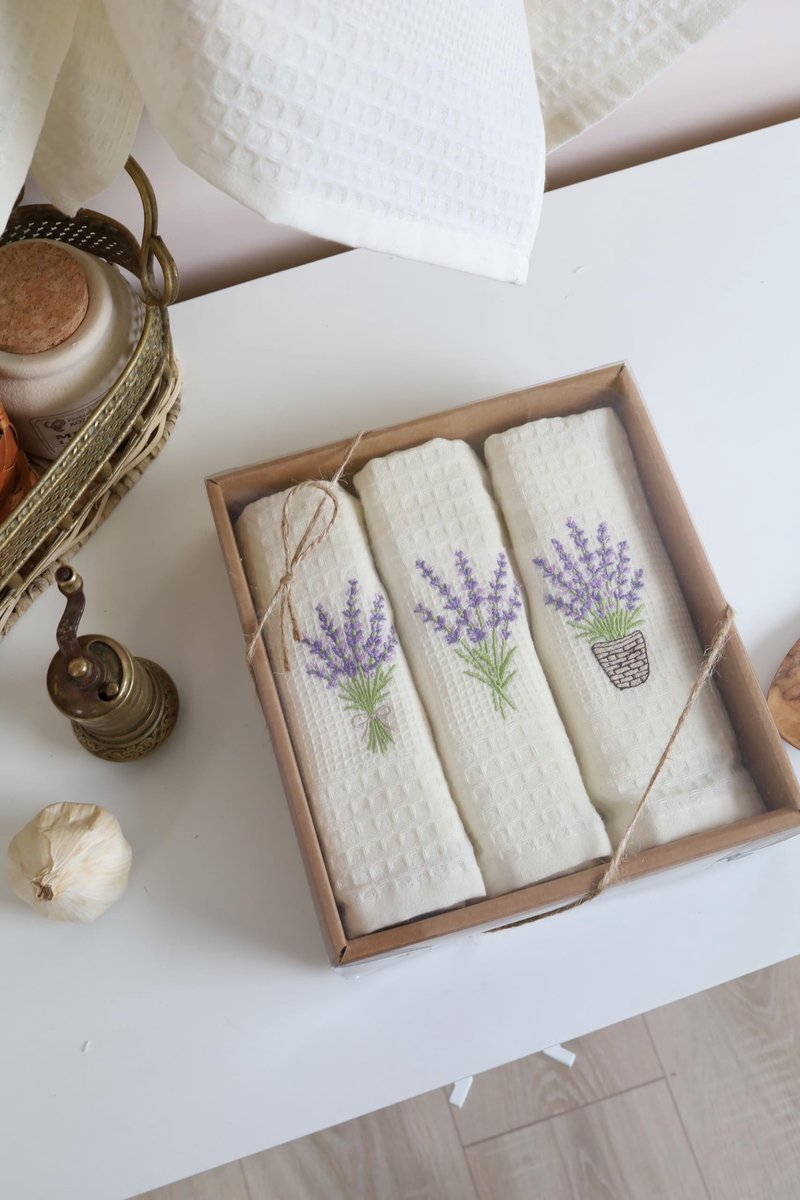 Omgoods - Set van 3 Keukenhanddoeken - 100% Katoen Lavendel Design