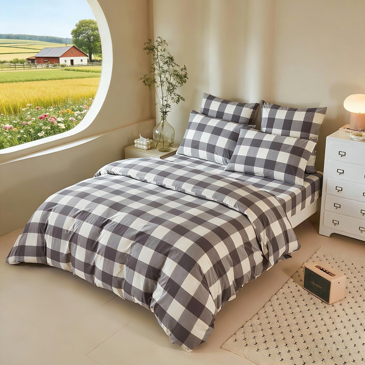 Omgoods - Grijs-Wit Geruit Katoenen Beddengoed Set