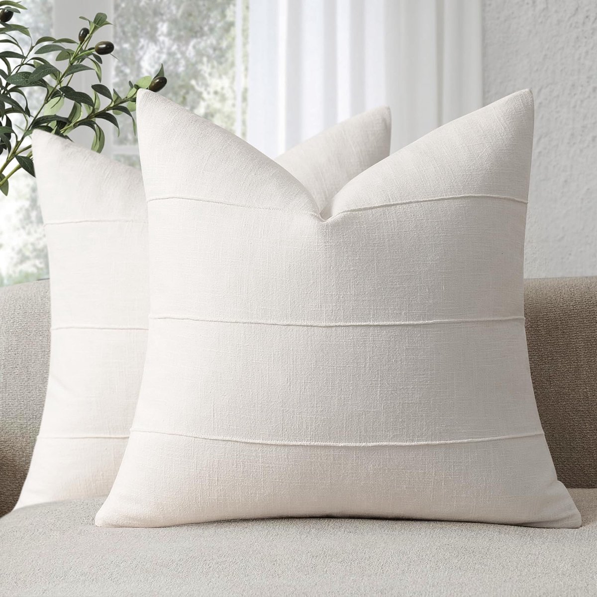 Omgoods - Set van 2 Kussenhoezen van Natuurlijke Linnen 40x40 cm in Crème Wit met Strepen