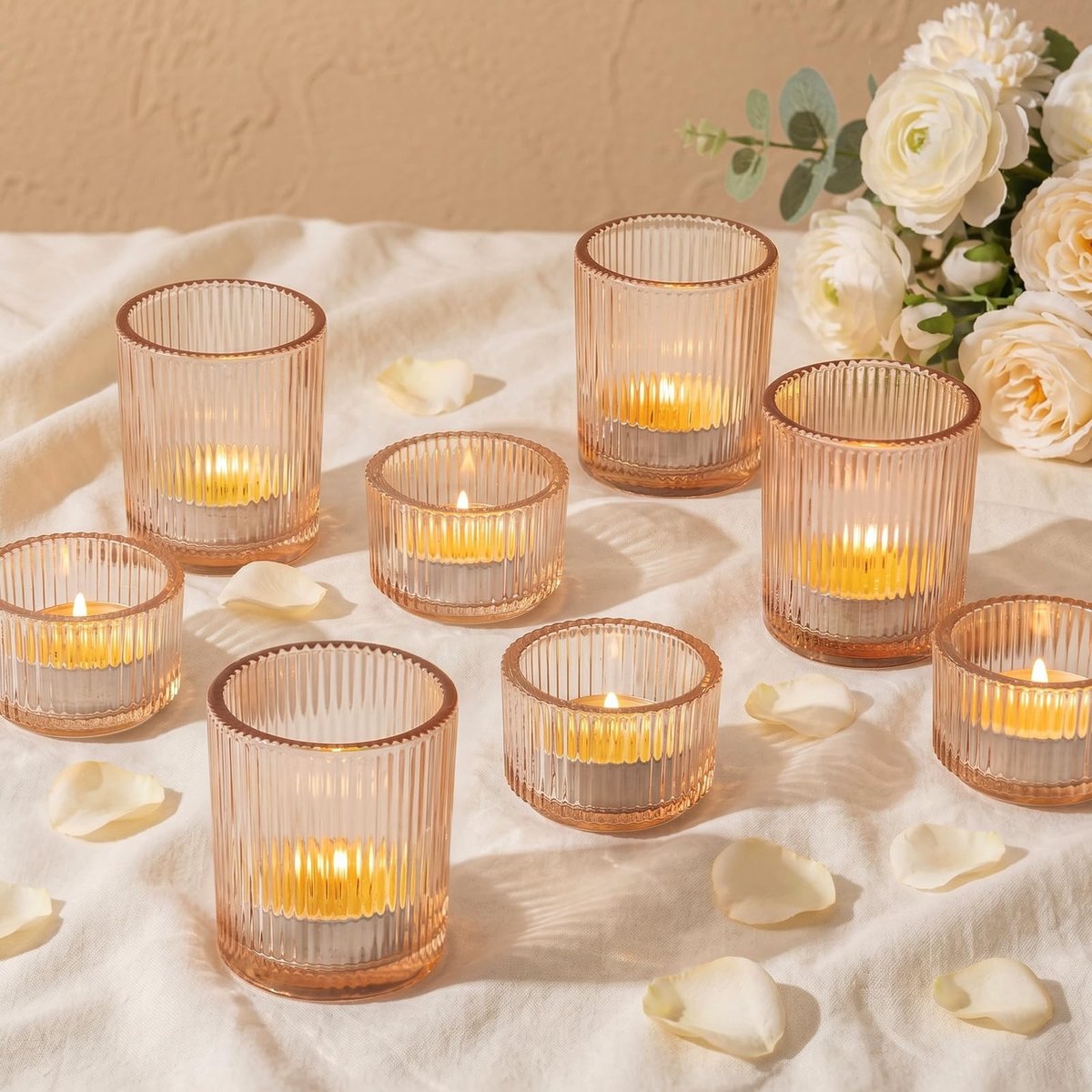 Omgoods- Kaarsenhouders Set van 8 - Geribbelde Theelichthouders - Gouden Glas - Kleine Theelichthouders - Tafelcentrum - Woondecoratie