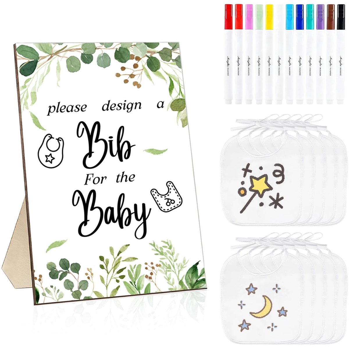 Omgoods - Baby Shower Craft Set met 20 Witte Slabbetjes en 12 Kleurige Stofstiften