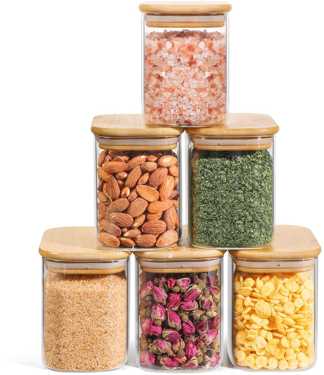 Omgoods - Set van 6 Opslagpotten van Borosilicaatglas met Deksel 700ml