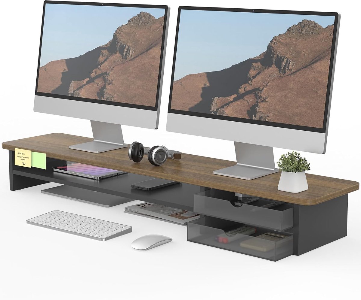 FENGE Monitor verhoger - Bureau organizer - Extra breed voor twee schermen - Met 2 verschuifbare acryl lades - Bruin