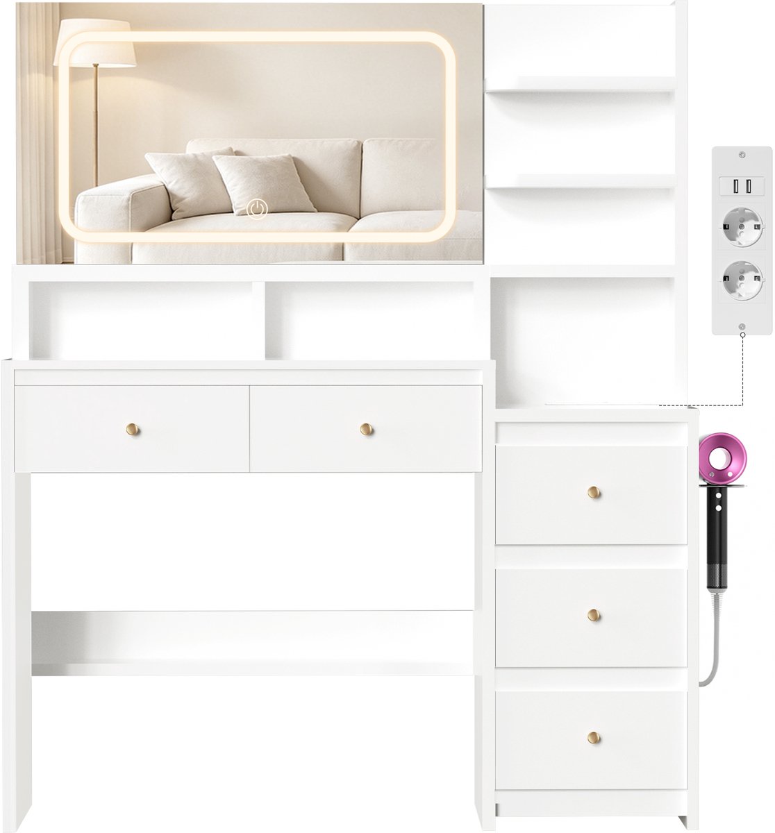 Kaptafel - make up tafel met spiegel - 3 soorten LED-verlichting - Met haak voor föhn - Met Stopcontacten & USB-poorten- 8 laden en 11 open opbergruimten - 164x135x40 cm - Voor Slaapkamer Kleedkamer - Wit