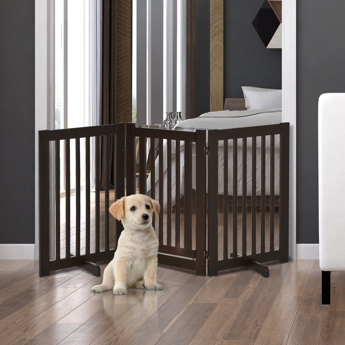REDOM - Hondenhek - vrijstaand en inklapbaar - verstelbaar met middelste deur en bovenvergrendeling - MDF frame - 155 x 76 cm - voor kleine en middelgrote honden