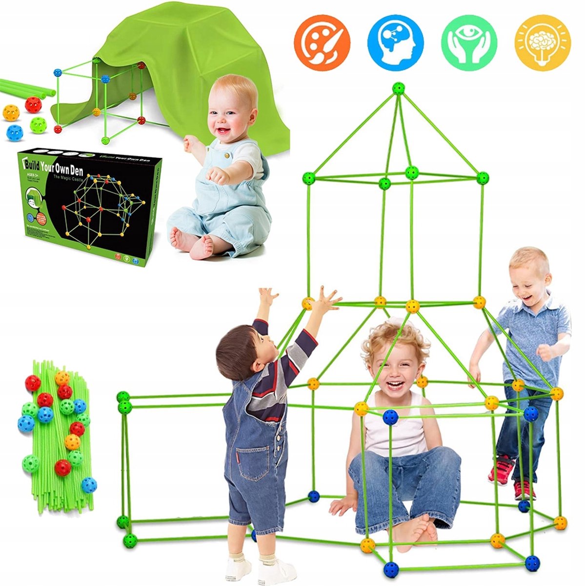3D Speelhuis Tent Speelgoed Voor Het Bouwen Van Grotten Raket Huizen Iglo's Tunnels En Kasteelen - 150x120cm Doek Duurzame Plastic Verbindingsstukken STEM - Fantasierijk Fort Bouwpakket