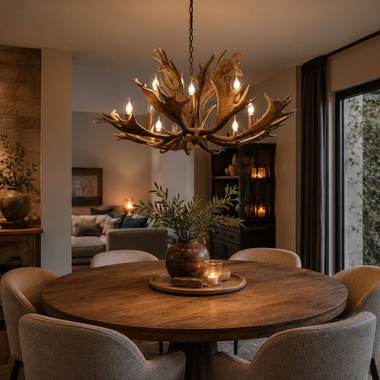 Rustieke bruine kroonluchter in de vorm van rendiergewei met 6 lampen, boven een houten eettafel met stoelen.