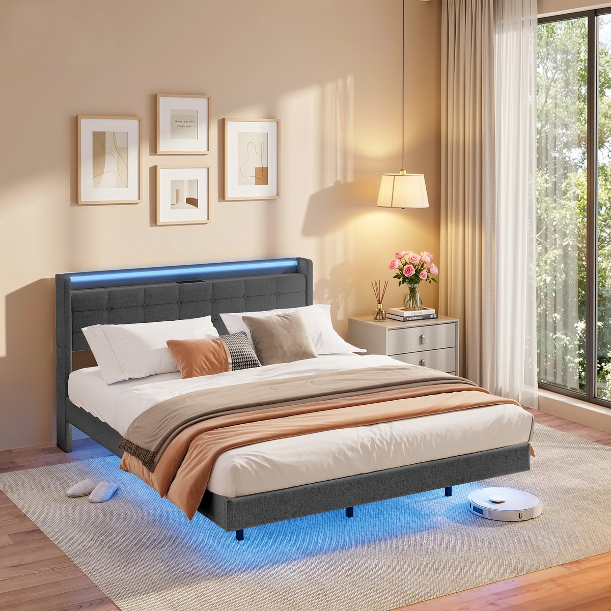 Xbro Gestoffeerd Bed 160 x 200 cm met LED-verlichting en USB,Tweepersoonsbed met Lattenbodem,Hoofdbord en Opberghoofdbord,Donkelgrau