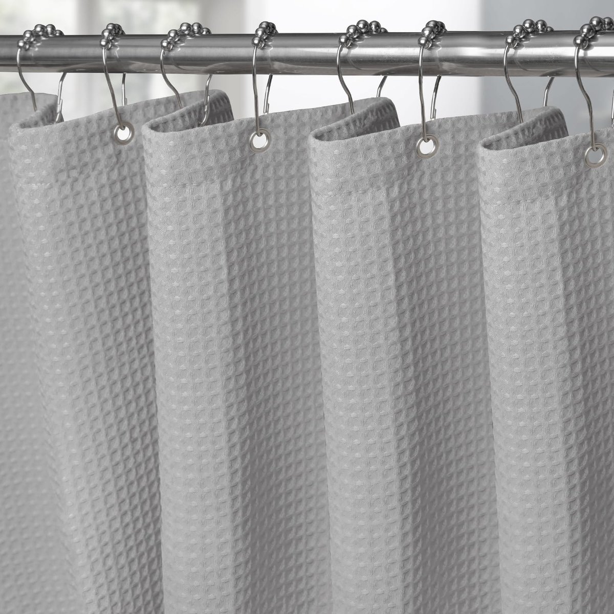 Omgoods - Douchgordijn Waffle Stof Waterdicht met Ringen - Anti-Schimmel Badkamer Gordijn 92x182cm (Licht Grijs)