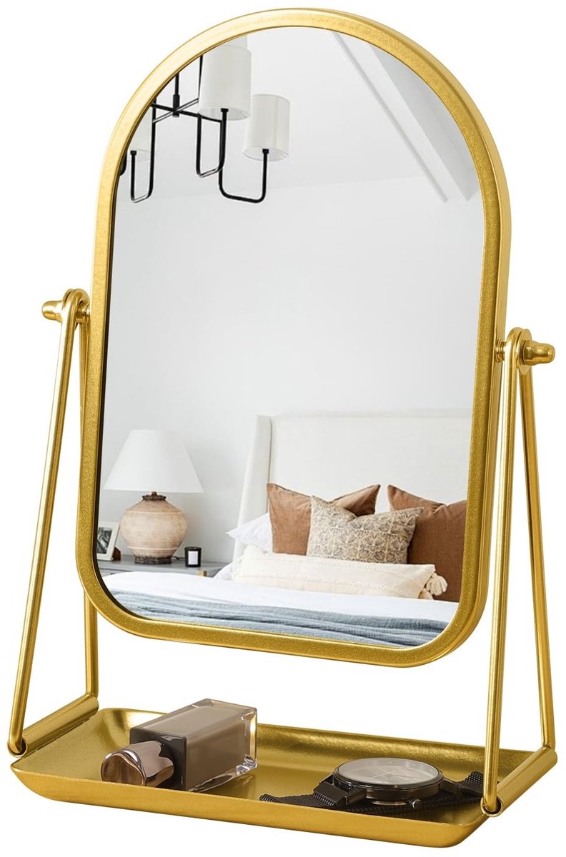 Omgoods- Kaptafelspiegel 360° Draaibaar - Make-up Spiegel - Metalen Frame - Multifunctionele Opbergbasis - Elegant Design - Veiligheidswaarschuwing Glas