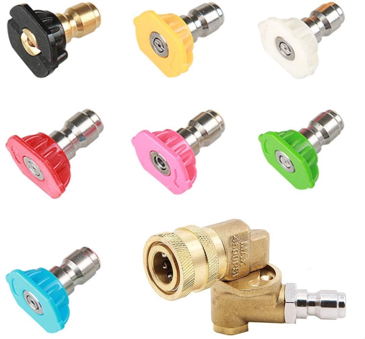 Omgoods- Sproeikop 7 Stuks - Hogedrukreiniger Accessoires - 90 Graden Snelkoppeling - 4500 PSI - Voor Auto/Tuin - Diverse Spuitmondtips