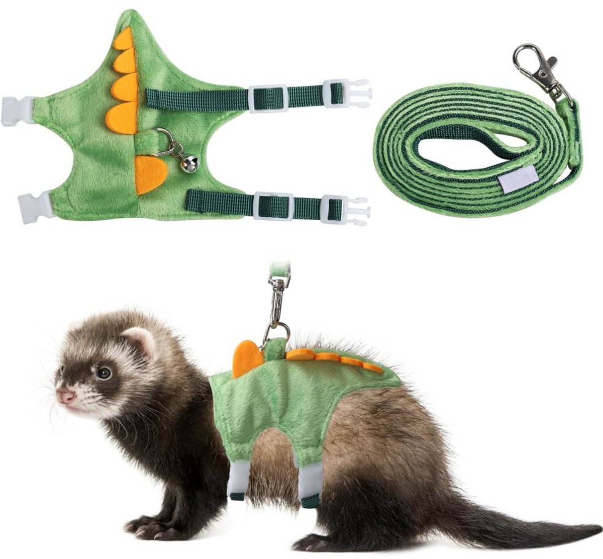 Omgoods- Frettenharnas Dinosaurusontwerp - Verstelbaar Borstvest - Zacht Pluche - Riem met Bel - Geschikt voor Kleine Huisdieren - Comfortabele Draagervaring - Huisdierharnas
