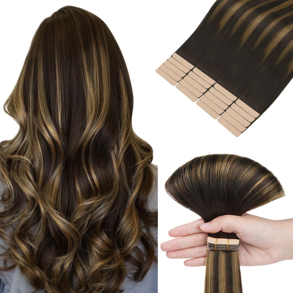 Omgoods - Tape-in Extensions van Echt Haar, 40 cm, 25 g, Balayage Bruin naar Maroon