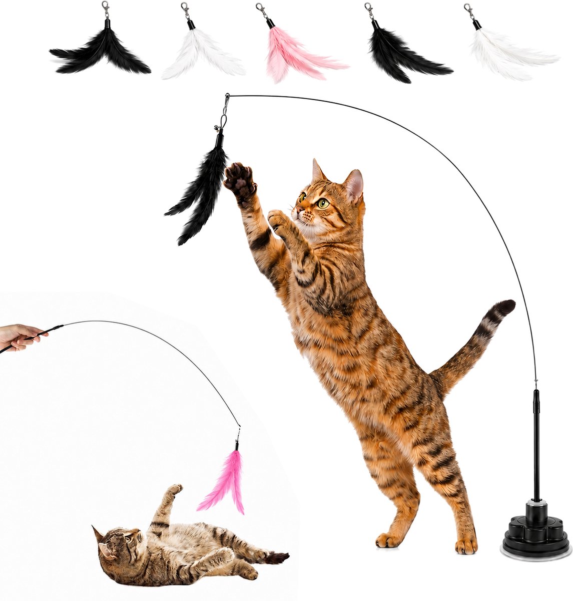 DOWO® Kattenhengel met Zuignap – Met Karabijnhaak voor Eigen Speeltjes – Vast of Uit de Hand – 90 cm – 5 Verwisselbare Veerkoppen